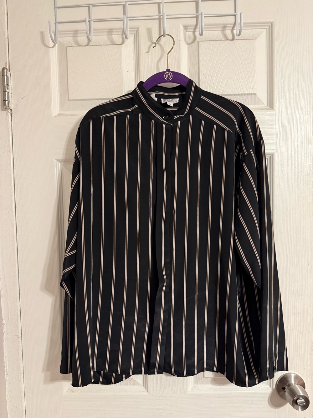 Anne Klein Black Blouse with Cream Pinstripes